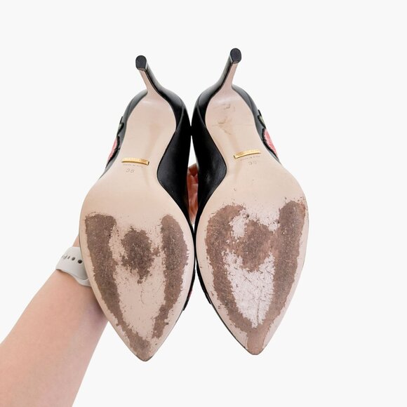 Gucci Ophelia Floral-Embroidered Pump EU 38 US 8 Black Leather High Heel Pointed - Picture 9 of 15